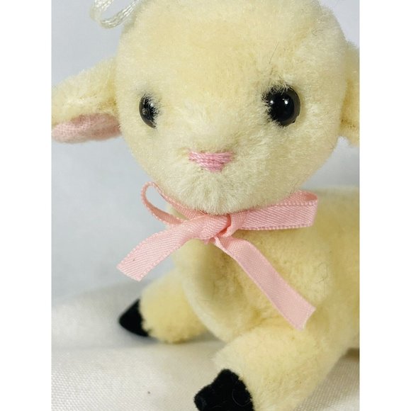 R Dakin Wool Pile Lamb 3.5” Mini Plush Ornament Sheep With Pink Bow Vintage - Picture 6 of 10